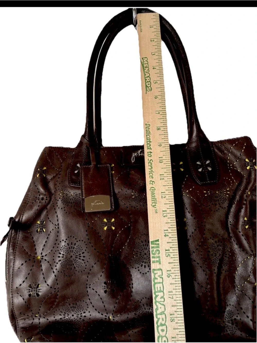 Petunia Pickle Bottom Brown Pierced Leather Floral Lime Lining Diaper Bag Tote
